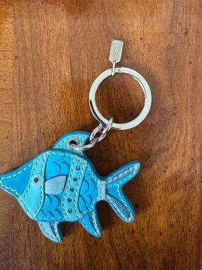 Coach Turquoise Fish Leather Key Charm with Silver Hardware